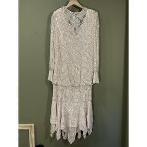 VTG 80s Judith Ann Creations Beaded L/S Pink Assymetrical Flapper Dress Sz M